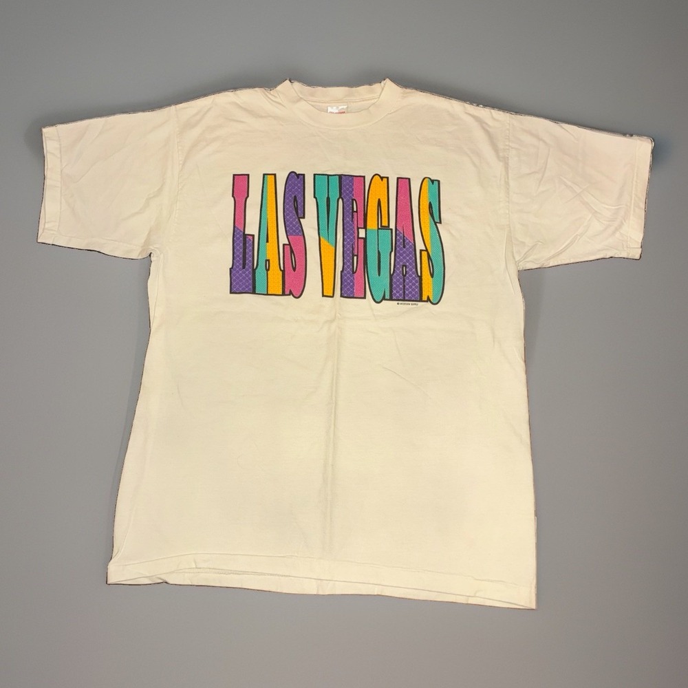 Vintage Las Vegas T Shirt Mens XL White 90s Graphic Colorful Spellout Tee